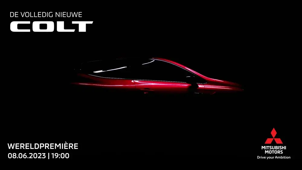 Detail Mitsubishi Colt 2023 zwarte achtergrond tekst: wereldpremière 8 juni 2023 19.00 uur