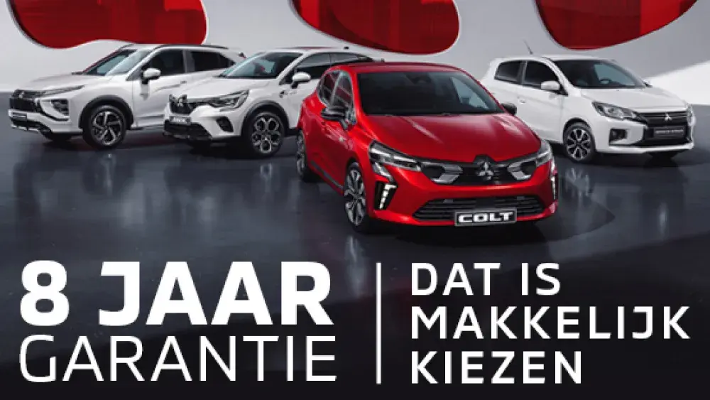 grijze achtergrond met rode doorkijk en op de voorgrond de Mitsubishi modellen en tekst 8 jaar garantie dat is makkelijk kiezen